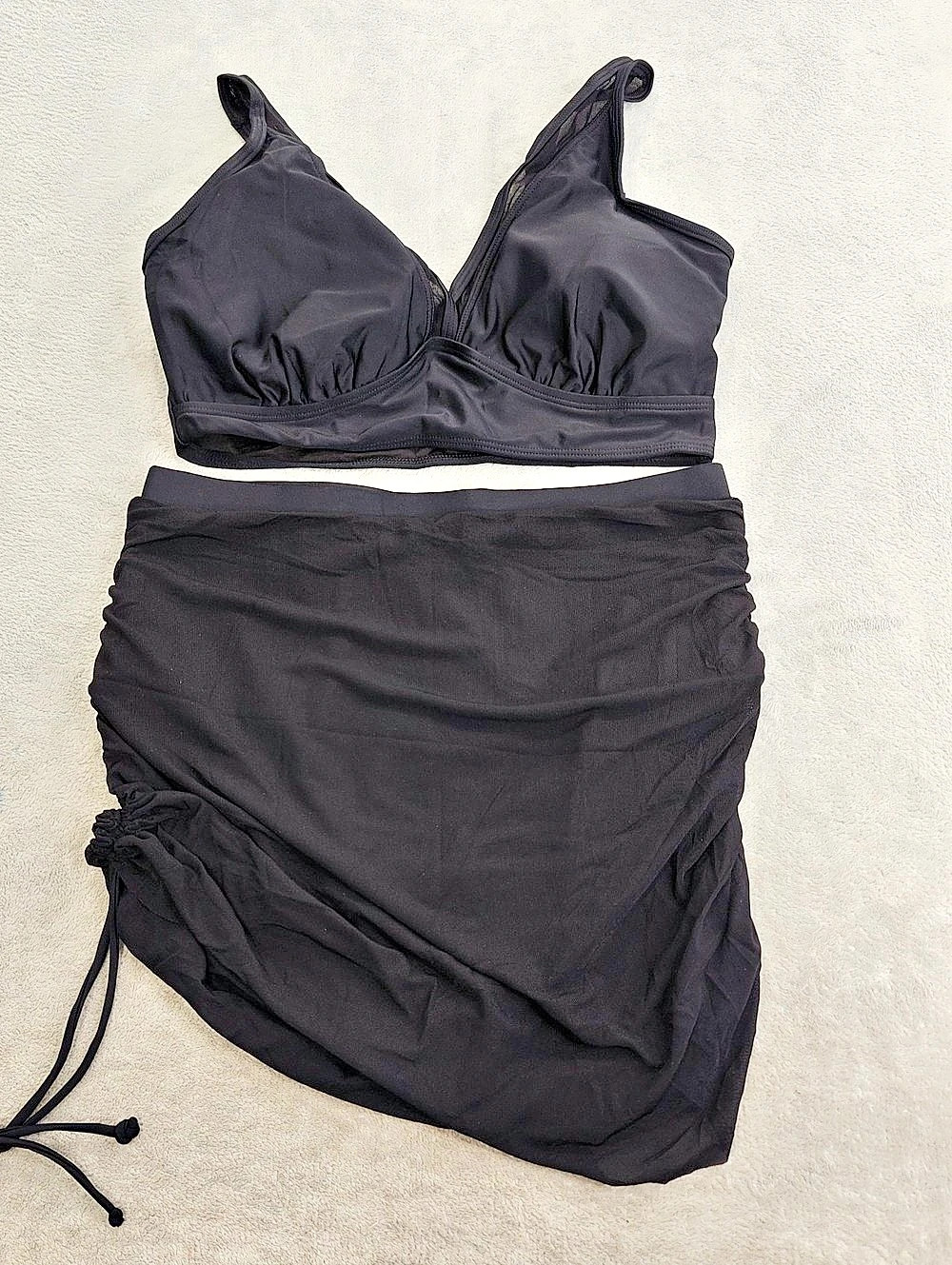 Blooming Jelly Mesh Trim V-Neck Bralette with Ruched Skirt Bikini Set Ruched M